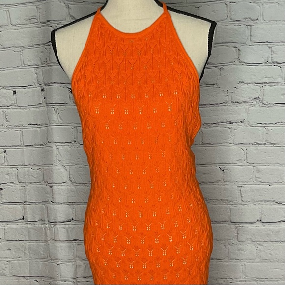 Alice & Olivia Orange Jone Pointelle Knit Sweater Halter Midi Dress Large NWT - Picture 4 of 16